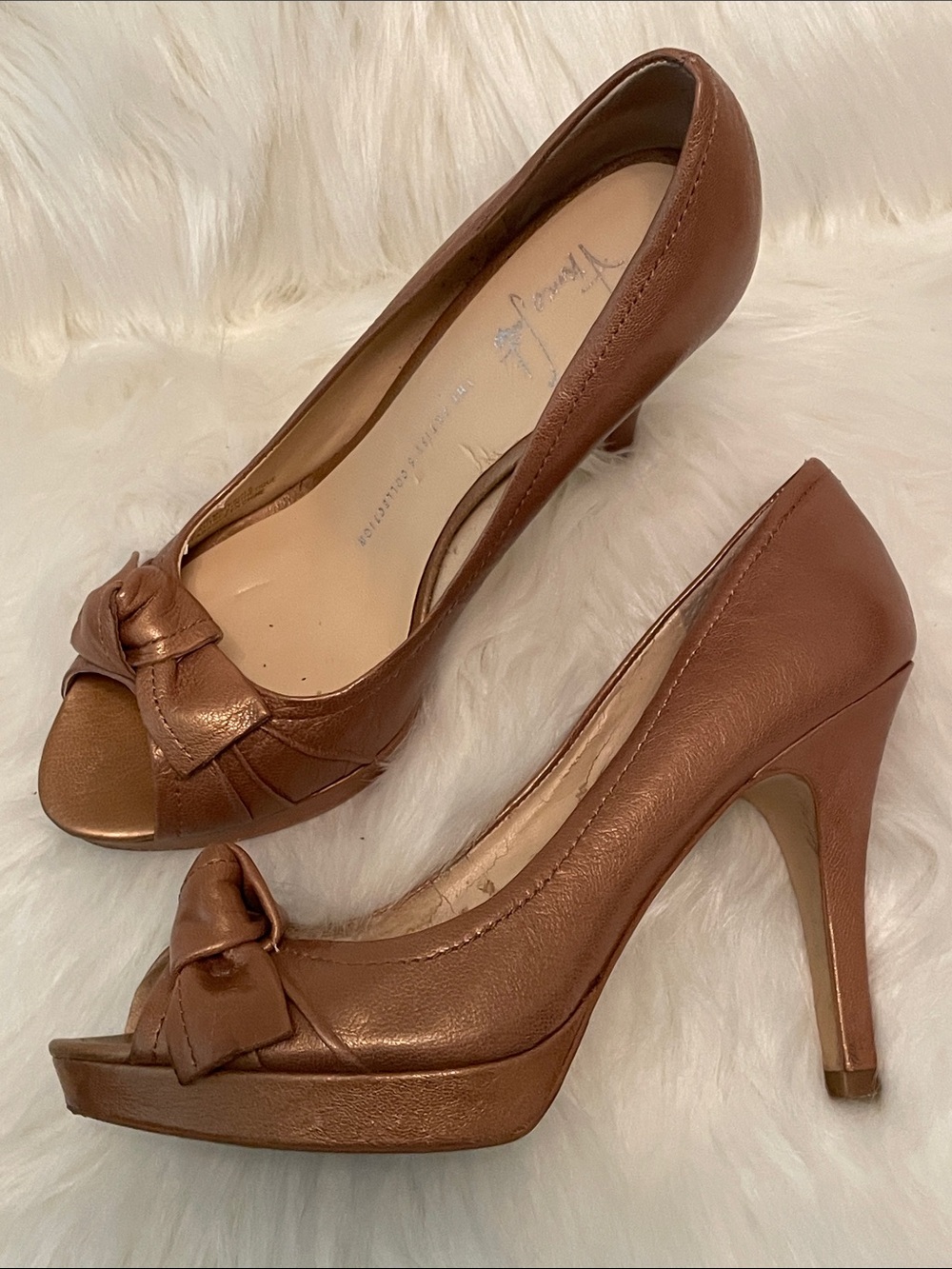 Franco Sarto Metallic Bronze Peep-Toe Bow Platform Heels